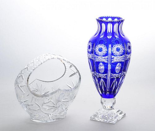 BLUE OVERLAY CUT-GLASS LARGE VASE AND A CUT-GLASS LARGE BASKET