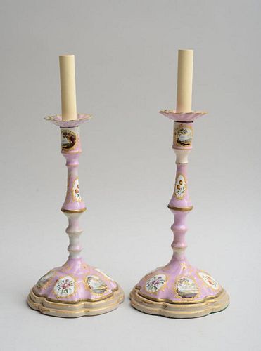 PAIR OF SOUTH STAFFORDSHIRE PINK ENAMEL DECORATED CANDLESTICKS