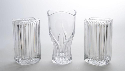 PAIR OF PRESSED GLASS FLUTED ANGULAR VASES AND A GLASS FLORIFORM VASE