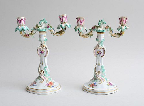 PAIR OF MEISSEN PORCELAIN CANDLESTICKS WITH ASSEMBLED REMOVABLE TWO-LIGHT CANDLE ARMS