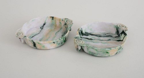 PAIR OF CHINESE CARVED JADE TWO-HANDLED BOWLS