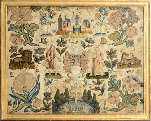 CHARLES II STUMPWORK AND EMBROIDERED PICTORIAL PANEL