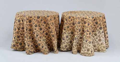 PAIR OF METALIC THREAD EMBROIDERED FABRIC COVERED TABLES