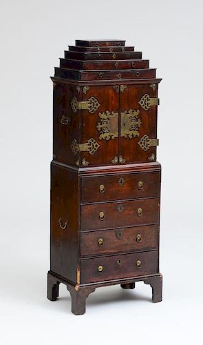 GEORGE I STYLE BRASS-MOUNTED OAK COLLECTOR'S CABINET,