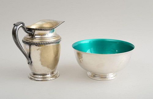 REED AND BARTON SILVER-PLATED REVERE BOWL WITH GREEN ENAMEL INTERIOR AND A SILVER-PLATED WATER PITCHER