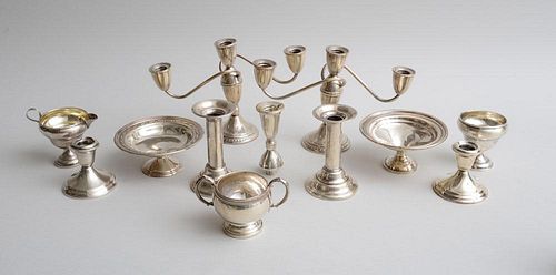 GROUP OF TEN AMERICAN SILVER WEIGHTED ARTICLES, A SMALL SILVER COMPOTE AND A SCREW-ON CANDLE NOZZLE