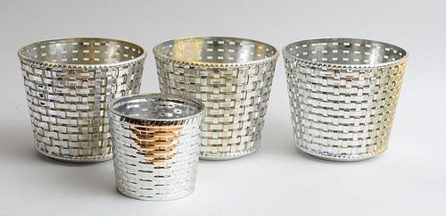 SET OF THREE WEST GERMAN SILVER PAINTED PLASTIC PIERCED WOVEN" BASKETS AND A SIMILAR JAPANESE SILVERED POTTERY JARDINIÈRE"