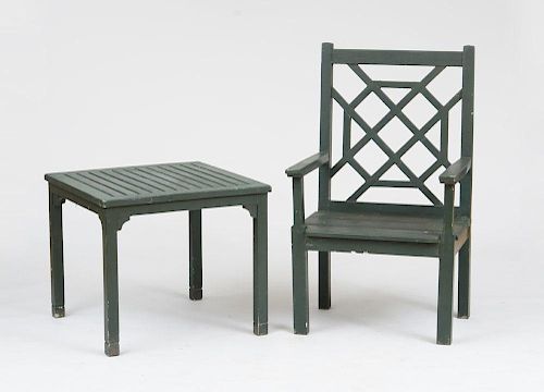 GREEN-PAINTED GARDEN BENCH, TABLE AND CHAIR