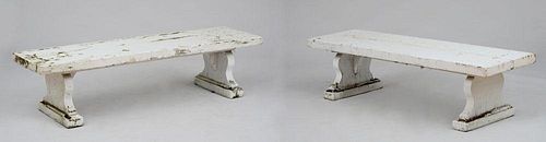 PAIR OF WHITE-PAINTED WOODEN TRESTLE-FORM BENCHES
