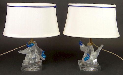 Pair of Lalique Frosted, Clear and Blue Crystal Blue Jay Boudoir Lamps
