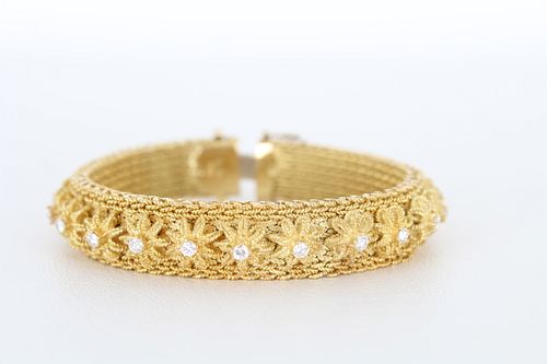 Heavy 18K Gold Wooven Bracelet w/ Accent Diamonds