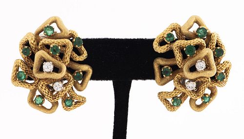 18K Yellow Gold Diamond & Emerald Clip Earrings