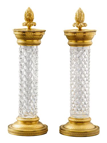 French Empire Style Ormolu & Crystal Candleholders