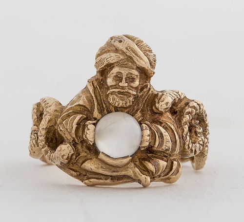10K Yellow Gold Carved Genie & Moon Stone Ring