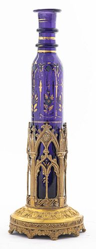 Gothic Revival Gilt Metal and Glass Vase and Stand