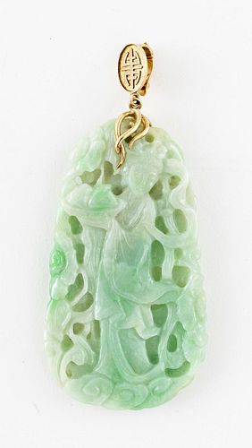 Large Chinese 14K Yellow Gold Carved Jade Pendant