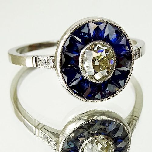Lady's Art Deco European Cut Diamond, Sapphire and Platinum Ring.