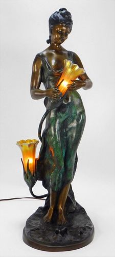 Aft. Auguste Moreau Art Nouveau Bronze Lamp