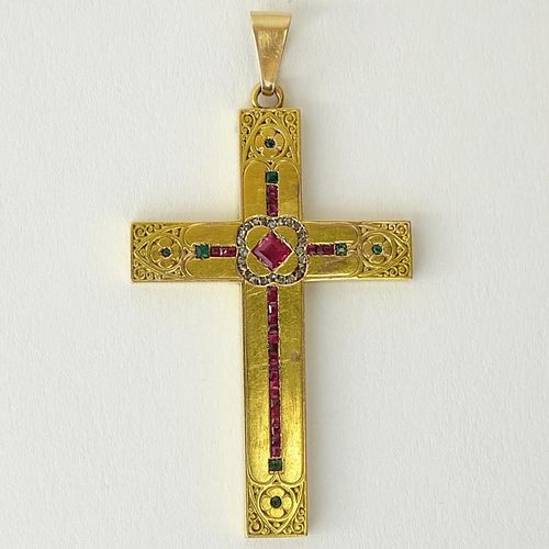 Circa 1870 French 18 Karat Yellow Gold Cross Pendant with Inset Rubies and Emeralds.