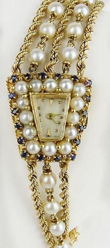 Lady's Edwardian 14 Karat Yellow Gold, Diamond, Sapphire and Pearl Bracelet Watch.