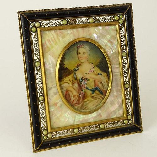 Antique Hand Painted Portrait Miniature in Mother of Pearl and Enameled Bronze Filigree Frame.
