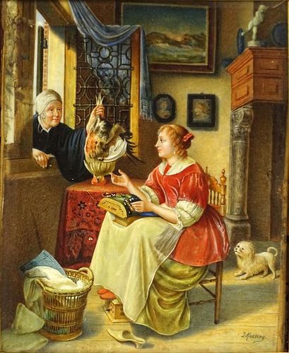 19th Century Continental School Miniature Gouache, Dutch Interior Scene with Woman