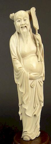 19/20th C Chinese Carved Ivory Figure "Immortal". Pinned to Hardwood Base.