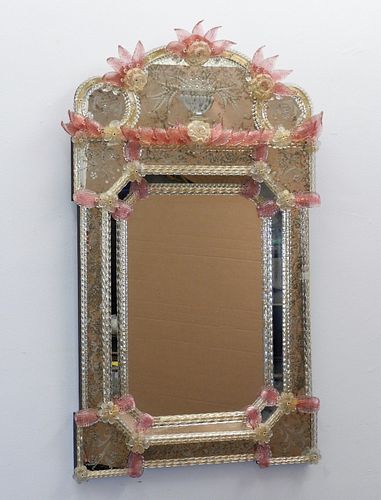 Venetian Pink & Colorless Glass Flower Wall Mirror