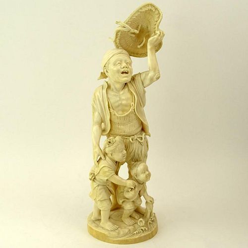 Impressive Ryuichi Meiji Japanese Carved Ivory Figure of a Man With Two Small Children