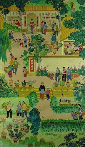 Chinese Cultural Revolution Goauche on Paper, Farmers' Cooperative Scene.