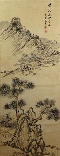 Large Vintage Chinese Watercolor on Paper, Laid Down, "Mountain Landscape"
