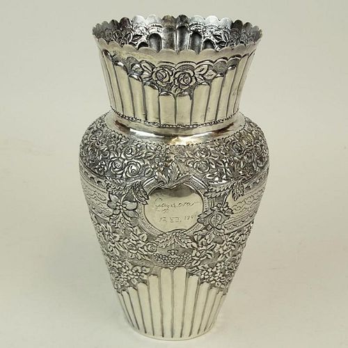 Vintage 800 Silver Repousse Vase.