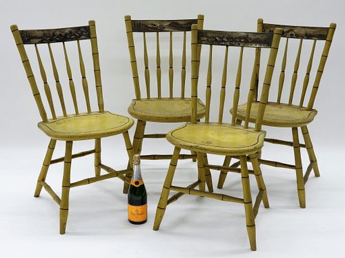 4PC Yellow Painted Landscape Windsor Chairs