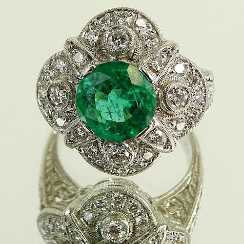 Lady's Approx. 2.03 Carat Round Cut Emerald, 1.01 Carat Diamond Ring