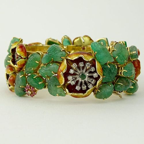 Lady's Vintage Carved Emerald, Diamond, Ruby, Enamel and Heavy 18 Karat Yellow