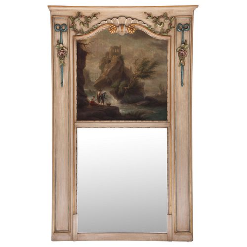 Espejo Trumeau. Francia, SXIX Panel de madera tallada y policromada, espejo y pintura al óleo con escena de paisaje costumbista.
