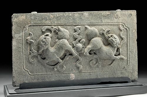 Massive Chinese Ming Dynasty Stone Panel w/ Foo Dogs