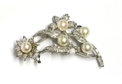A cultured pearl and diamond spray brooch,
