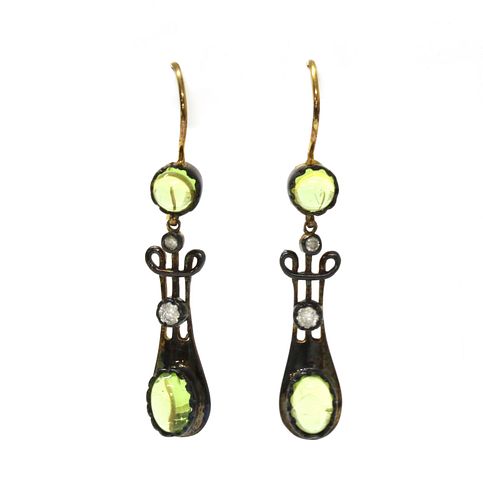 A pair of silver and gold, peridot and diamond drop earrings,