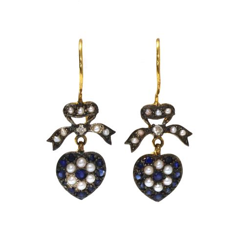 A pair of silver and gold, sapphire, diamond and split pearl drop earrings,