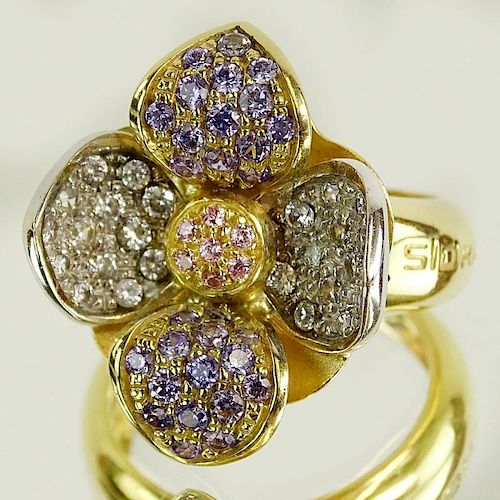 Lady's Vintage Italian Sidra White, Fancy Pink and Purple Diamond and 18 Karat Yellow Gold Flower Ring.