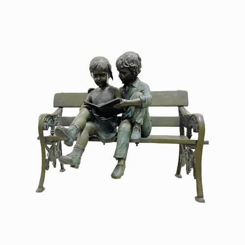 Patina Bronze Children on a Bench Sculpture