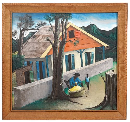 J. E. Gourgue 'Schoolhouse' Haitian Art O/B