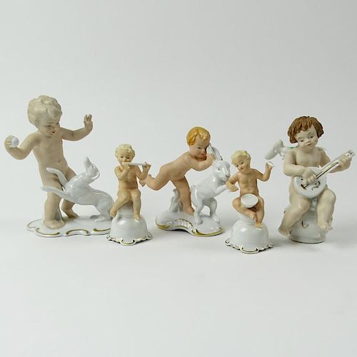 Lot of Five (5) Vintage German Porcelain Cherub Figurines.