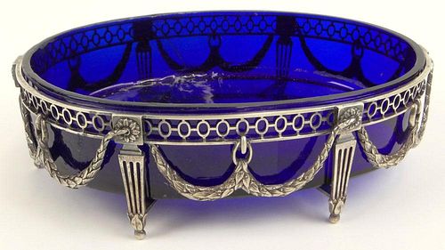 Antique Footed Dutch Silver and Cobalt Glass Open Potpourri/Small Center Bowl.