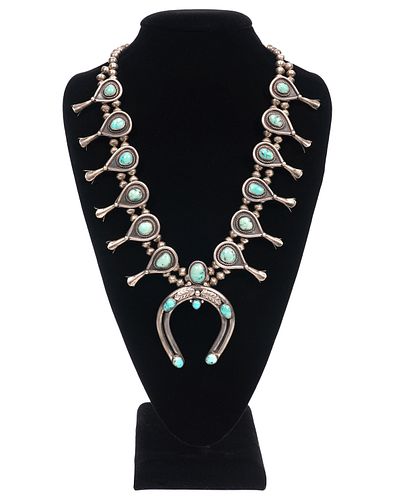 Turquoise & Silver Squash Blossom Necklace