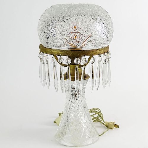 Antique American Brilliant Cut Glass Lamp with Mushroom Dome Shade and Prisms