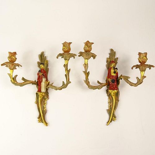 Pair of Gilt Bronze Rococo Chinoiserie style two Light Sconces.