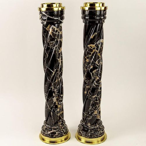 Pair of Mid-Century Black and Rouge Variegated Serpentine Marble and Brass Candlesticks