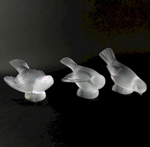 Lot of Three (3) Lalique Crystal Bird Figurines "Sparrows".